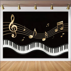 Lofaris Toile de fond de photographie musique piano noir et or élégant, arrière-plan de scène musicale avec notes dorées pour studio photo