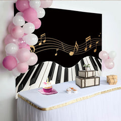 Lofaris Toile de fond noire et or avec clavier de piano et notes de musique, élégant arrière-plan pour studio photo ou événement festif