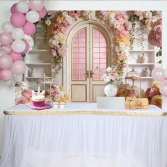 Lofaris Toile de fond de photographie porte arquée fleurie roses et hortensias, élégant décor pour mariage, baby shower ou studio photo