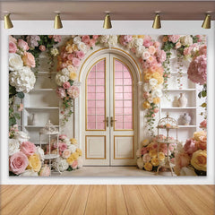 Lofaris Toile de fond de photographie porte arquée fleurie roses et hortensias, élégant décor pour mariage, baby shower ou studio photo