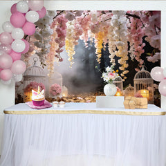 Lofaris Toile de fond de photographie fleurs de cerisier roses et blanches, magnifique décor romantique avec lanternes pour studio photo