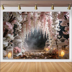 Lofaris Toile de fond de mariage florale rose et blanche, romantique décor avec cages à oiseaux pour cérémonie et séance photo