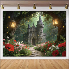 Lofaris Toile de fond de photographie château enchanté et forêt magique, magnifique arrière-plan avec chemin fleuri et lanternes