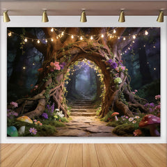 Lofaris Toile de fond forêt enchantée avec arche d'arbre fleurie et lumières, arrière-plan mystique pour studio photo et portrait artistique