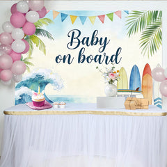 Lofaris Toile de fond pour baby shower thème plage avec van et planches de surf, arrière-plan tropical pour fête prénatale