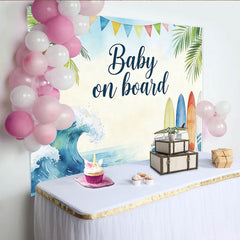 Lofaris Toile de fond pour baby shower thème plage avec van et planches de surf, arrière-plan tropical pour fête prénatale