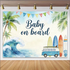Lofaris Toile de fond pour baby shower thème plage avec van et planches de surf, arrière-plan tropical pour fête prénatale