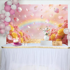 Lofaris Toile de fond florale rose et jaune avec pétales et arc-en-ciel, magnifique arrière-plan scintillant pour portrait et fête