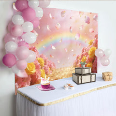 Lofaris Toile de fond florale rose et jaune avec pétales et arc-en-ciel, magnifique arrière-plan scintillant pour portrait et fête