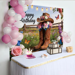 Lofaris Toile de fond joyeux anniversaire western avec fleurs et bottes, magnifique décor champêtre pour séance photo