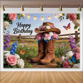 Lofaris Toile de fond joyeux anniversaire western avec fleurs et bottes, magnifique décor champêtre pour séance photo