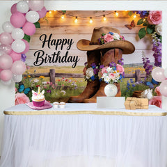 Lofaris Toile de fond d'anniversaire western floral avec bottes et chapeau, décor rustique et lumières pour fête et séance photo