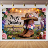 Lofaris Toile de fond d'anniversaire western floral avec bottes et chapeau, décor rustique et lumières pour fête et séance photo