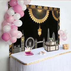 Lofaris Toile de fond de photographie art déco skyline de Londres noir et or, élégant arrière-plan pour studio photo ou événement Gatsby