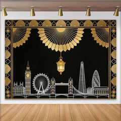 Lofaris Toile de fond de photographie art déco skyline de Londres noir et or, élégant arrière-plan pour studio photo ou événement Gatsby