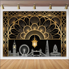Lofaris Toile de fond de photographie Art Déco noir et or avec skyline de Londres, élégant arrière-plan de luxe pour studio photo professionnel