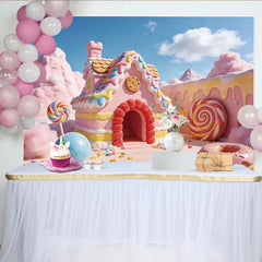 Lofaris Toile de fond rose maison de bonbons pour anniversaire enfants avec sucettes, magnifique décor de fête pour studio photo