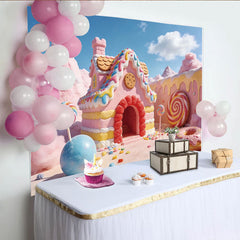 Lofaris Toile de fond rose maison de bonbons pour anniversaire enfants avec sucettes, magnifique décor de fête pour studio photo