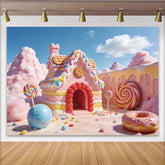 Lofaris Toile de fond rose maison de bonbons pour anniversaire enfants avec sucettes, magnifique décor de fête pour studio photo