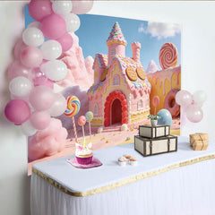 Lofaris Toile de fond rose monde de bonbons avec maison en pain d'épices et sucettes, magnifique décor de rêve pour fête d'enfants