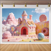 Lofaris Toile de fond rose monde de bonbons avec maison en pain d'épices et sucettes, magnifique décor de rêve pour fête d'enfants