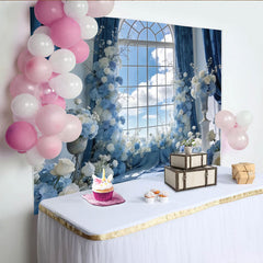 Lofaris Élégante toile de fond de photographie florale bleue et blanche avec fenêtre, magnifique arrière-plan de studio pour portrait