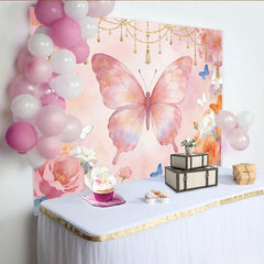 Lofaris Toile de fond rose papillon et fleurs aquarelle pour anniversaire fille, décor féerique élégant avec chaînes dorées pour studio photo