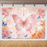 Lofaris Toile de fond rose papillon et fleurs aquarelle pour anniversaire fille, décor féerique élégant avec chaînes dorées pour studio photo