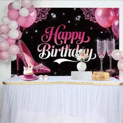 Lofaris Toile de fond joyeux anniversaire rose avec talon haut et diamants, magnifique décor de fête pour femme et séance photo