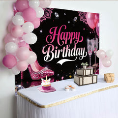 Lofaris Toile de fond joyeux anniversaire rose avec talon haut et diamants, magnifique décor de fête pour femme et séance photo