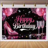 Lofaris Toile de fond joyeux anniversaire rose avec talon haut et diamants, magnifique décor de fête pour femme et séance photo