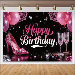 Lofaris Toile de fond joyeux anniversaire rose avec talon haut et diamants, magnifique décor de fête pour femme et séance photo
