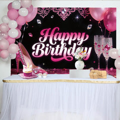 Lofaris Toile de fond joyeux anniversaire glamour rose avec talons et flûtes, magnifique arrière-plan de fête pour studio photo