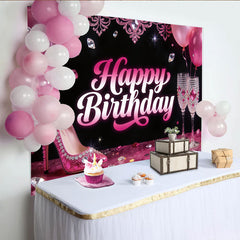 Lofaris Toile de fond joyeux anniversaire glamour rose avec talons et flûtes, magnifique arrière-plan de fête pour studio photo