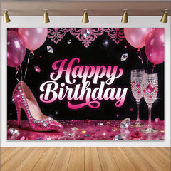 Lofaris Toile de fond joyeux anniversaire glamour rose avec talons et flûtes, magnifique arrière-plan de fête pour studio photo