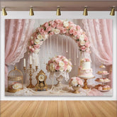 Lofaris Toile de fond anniversaire rose et blanc pour fille, avec fleurs et perles, élégant décor de fête pour studio photo et gâteau