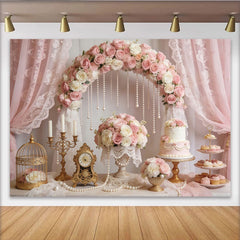 Lofaris Toile de fond anniversaire rose et blanc pour fille, avec fleurs et perles, élégant décor de fête pour studio photo et gâteau