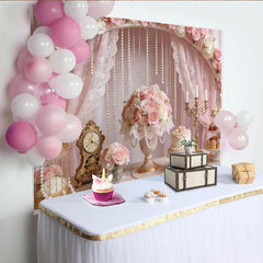Lofaris Toile de fond pour anniversaire rose et or avec roses et perles, magnifique décor de fête pour séance photo