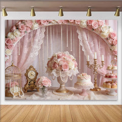 Lofaris Toile de fond pour anniversaire rose et or avec roses et perles, magnifique décor de fête pour séance photo