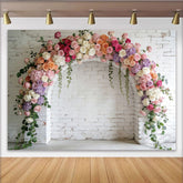 Lofaris Toile de fond de photographie arche florale élégante avec roses pastel et mur de briques blanches, décor pour mariage ou séance photo