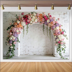 Lofaris Toile de fond de photographie arche florale élégante avec roses pastel et mur de briques blanches, décor pour mariage ou séance photo
