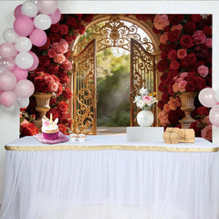 Lofaris Toile de fond pour mariage élégant avec portail doré et roses rouges, décor floral romantique pour studio et événement