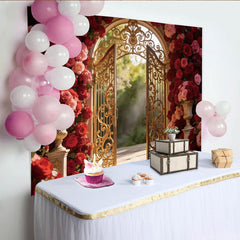 Lofaris Toile de fond pour mariage élégant avec portail doré et roses rouges, décor floral romantique pour studio et événement