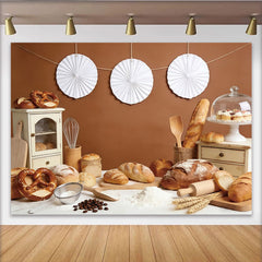 Lofaris Toile de fond photographie boulangerie rustique avec pain et farine, arrière-plan chaleureux pour studio photo et décoration de cuisine