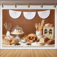 Lofaris Toile de fond de photographie boulangerie avec pain frais et bretzels, arrière-plan culinaire rustique pour studio photo