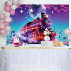 Lofaris Toile de fond train néon et boule disco vibrante pour studio photo, arrière-plan musical rétro pour fête et événement