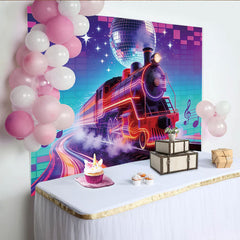 Lofaris Toile de fond train néon et boule disco vibrante pour studio photo, arrière-plan musical rétro pour fête et événement