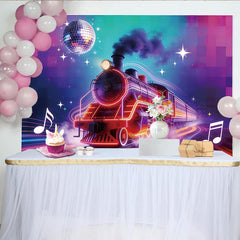 Lofaris Toile de fond de photographie train néon et boule disco lumineuse, arrière-plan vibrant pour fête musicale et studio photo