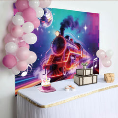 Lofaris Toile de fond de photographie train néon et boule disco lumineuse, arrière-plan vibrant pour fête musicale et studio photo