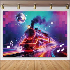 Lofaris Toile de fond de photographie train néon et boule disco lumineuse, arrière-plan vibrant pour fête musicale et studio photo